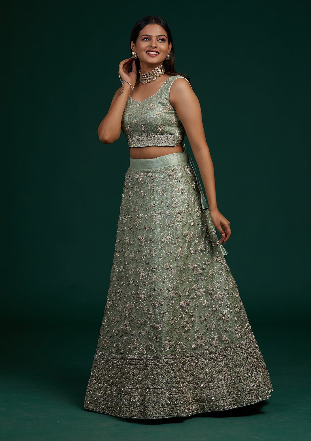 Pista Green Silver Stonework Net Designer Lehenga-Koskii