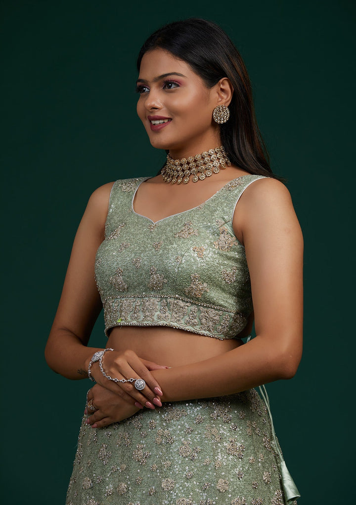 Pista Green Silver Stonework Net Designer Lehenga-Koskii