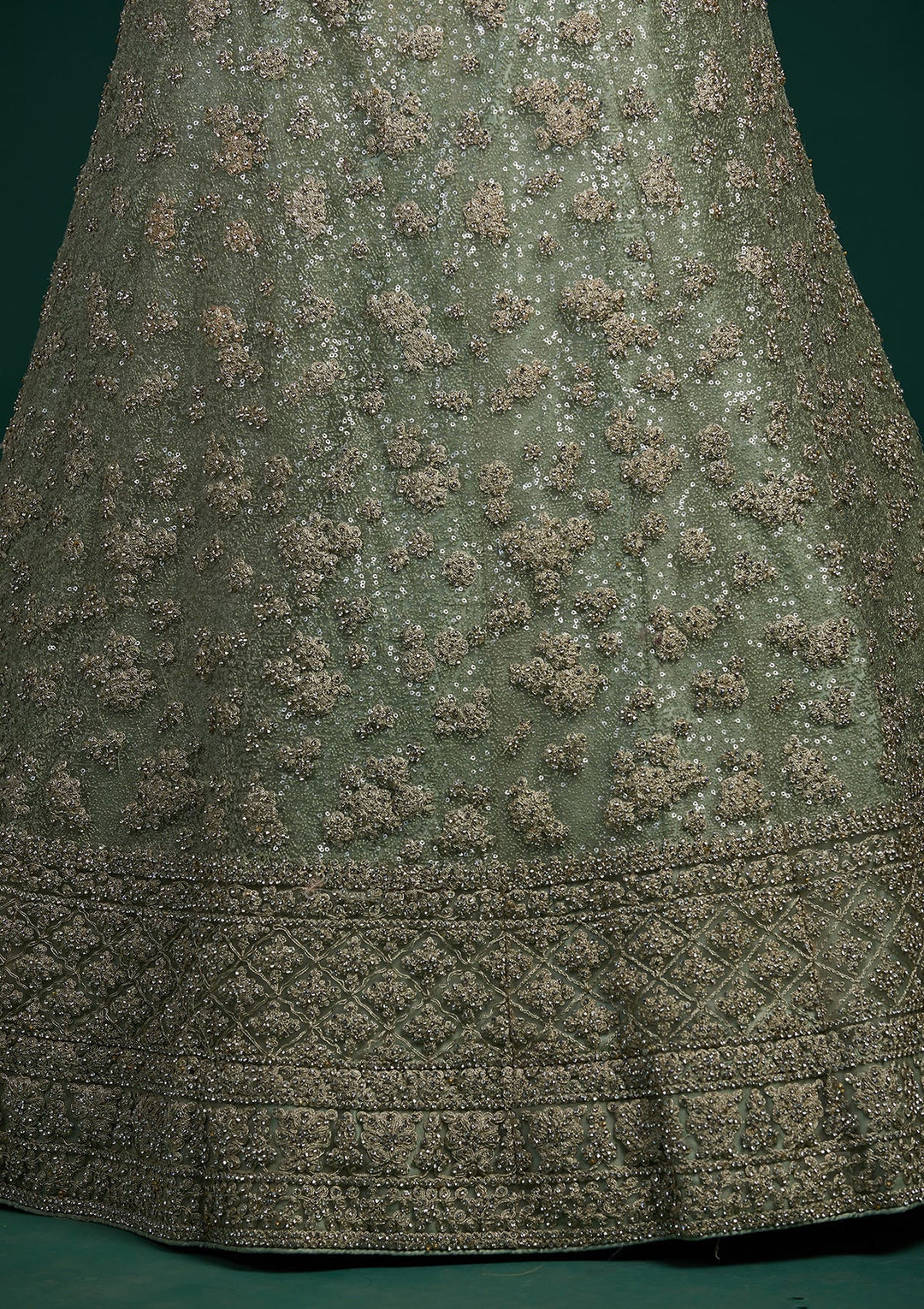 Pista Green Silver Stonework Net Designer Lehenga-Koskii