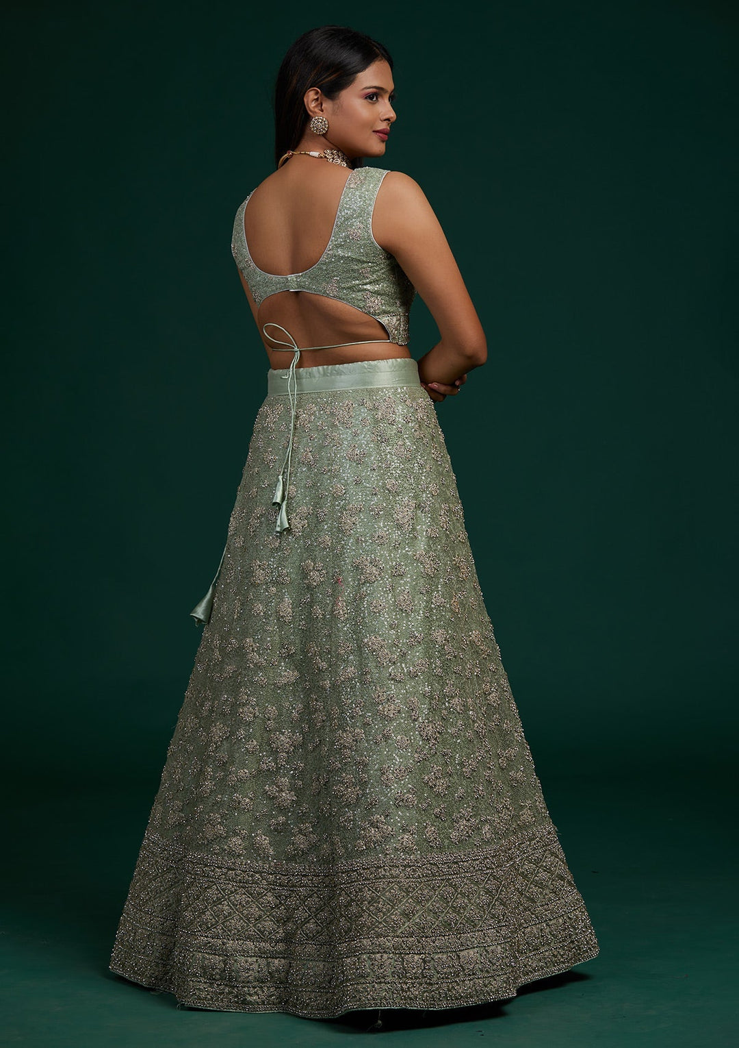 Pista Green Silver Stonework Net Designer Lehenga-Koskii