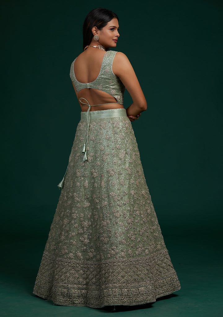 Pista Green Silver Stonework Net Designer Lehenga-Koskii