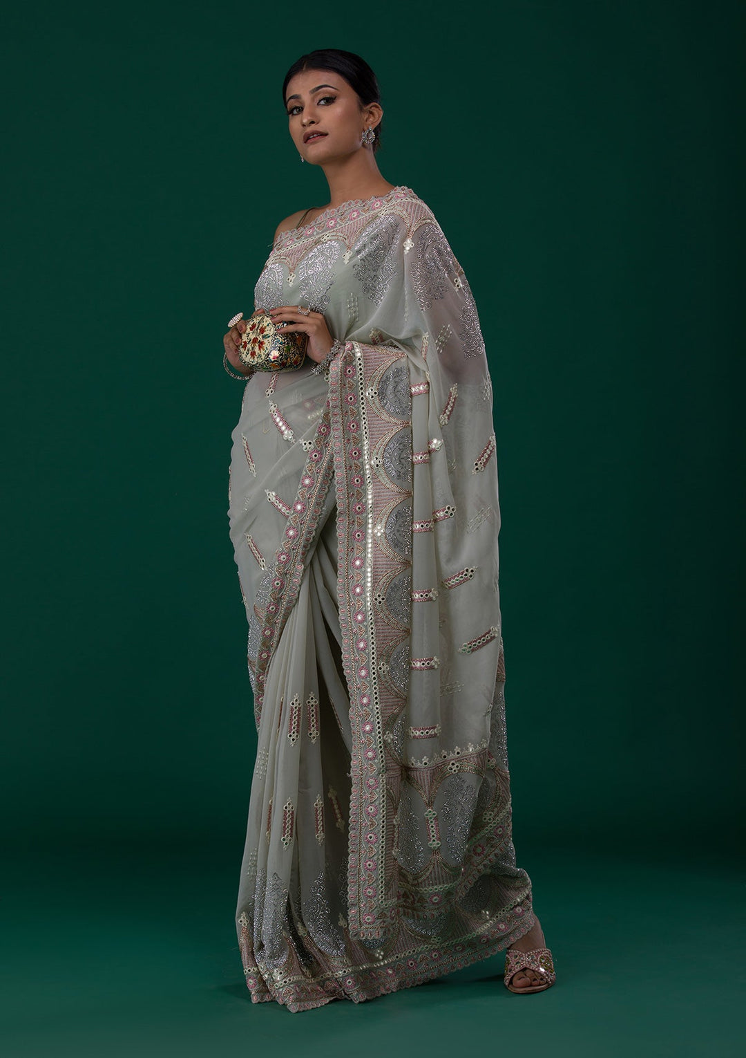 Pista Green Silver Stonework Net Saree-Koskii
