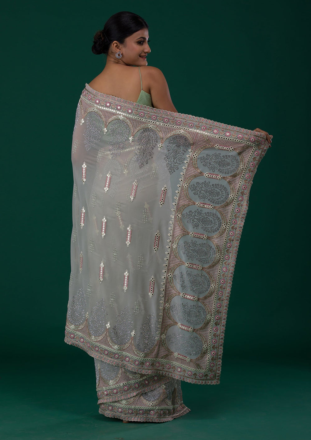 Pista Green Silver Stonework Net Saree-Koskii