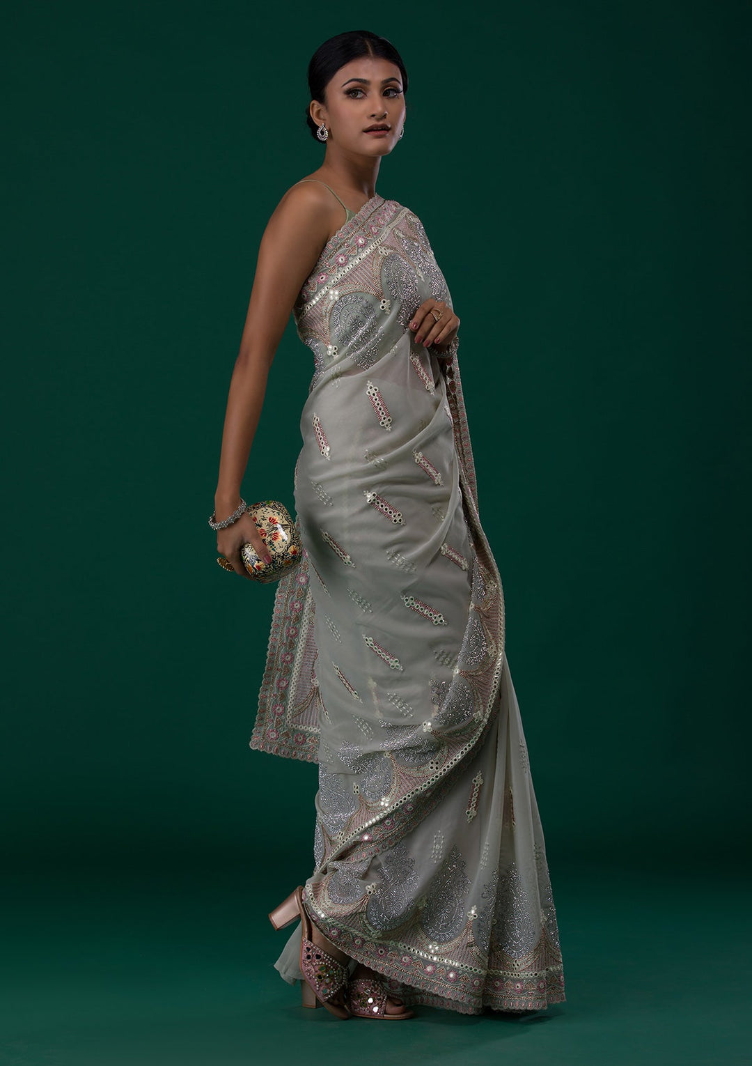 Pista Green Silver Stonework Net Saree-Koskii