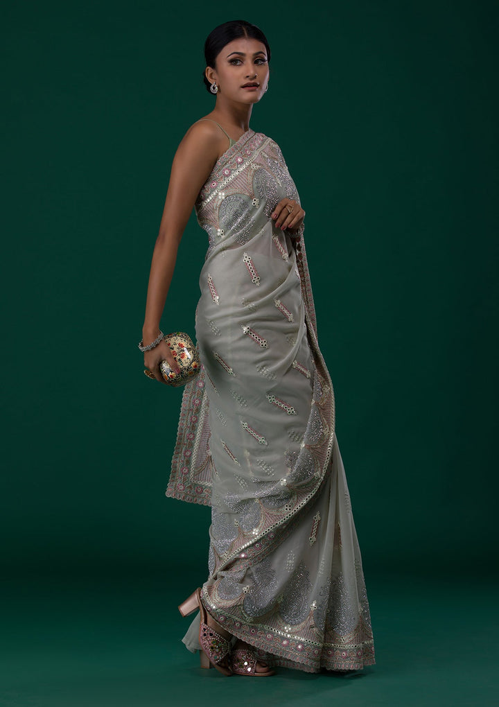 Pista Green Silver Stonework Net Saree-Koskii