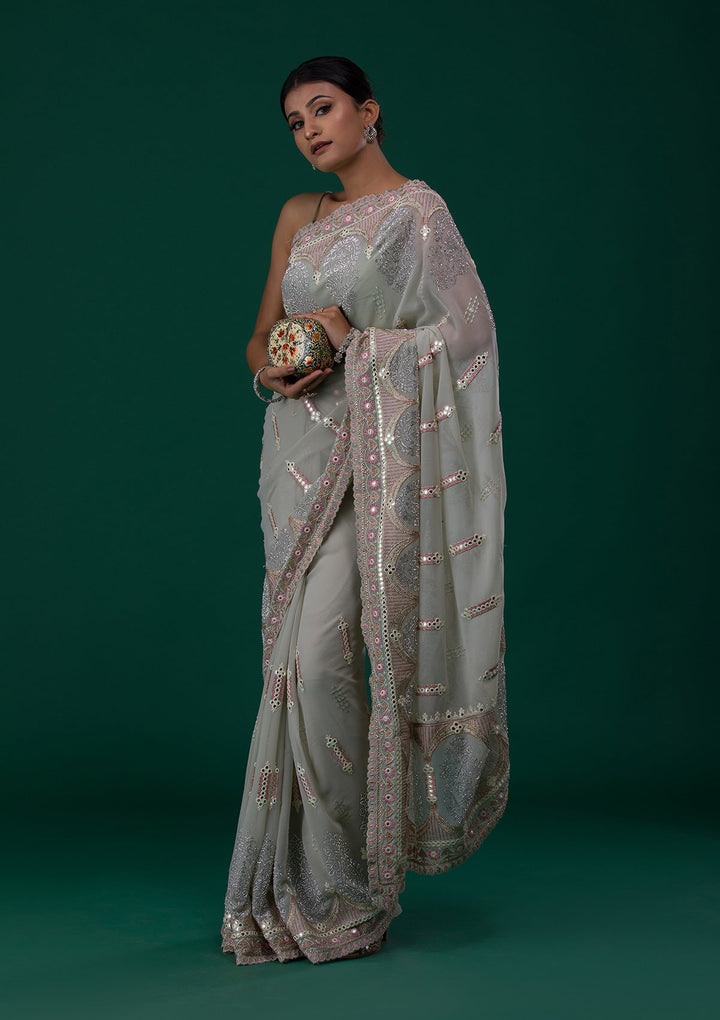 Pista Green Silver Stonework Net Saree-Koskii