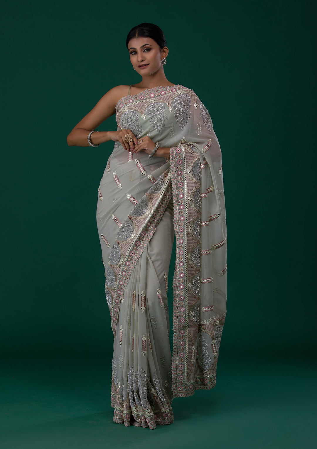Pista Green Silver Stonework Net Saree-Koskii
