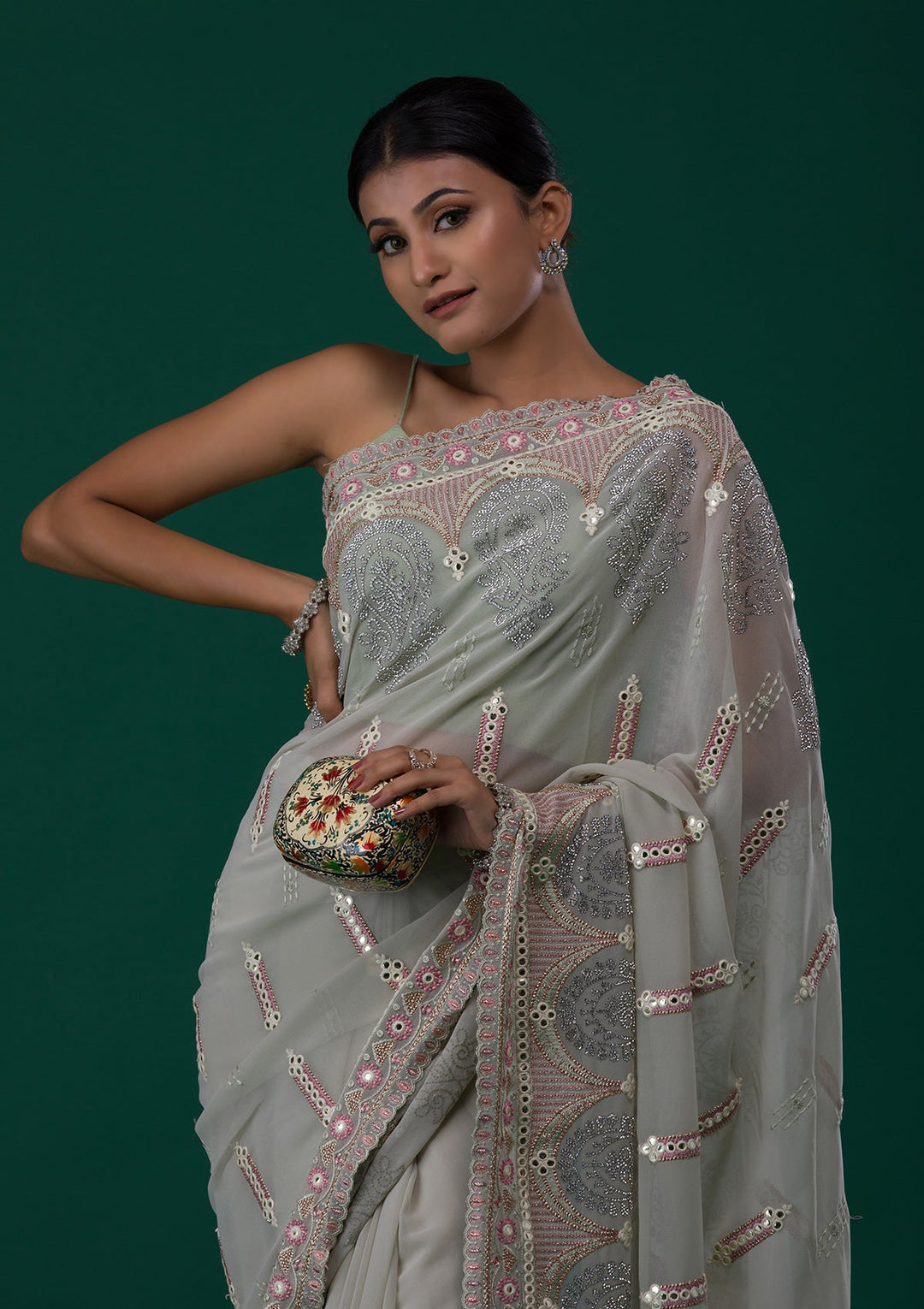 Pista Green Silver Stonework Net Saree-Koskii