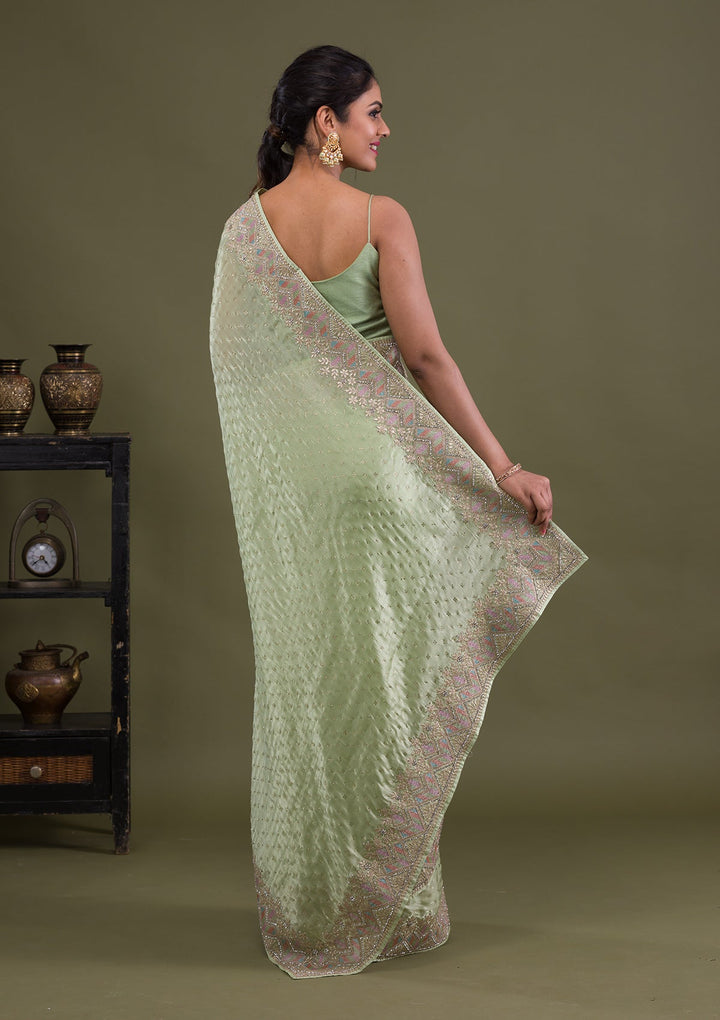 Pista Green Stonework Satin Saree-Koskii