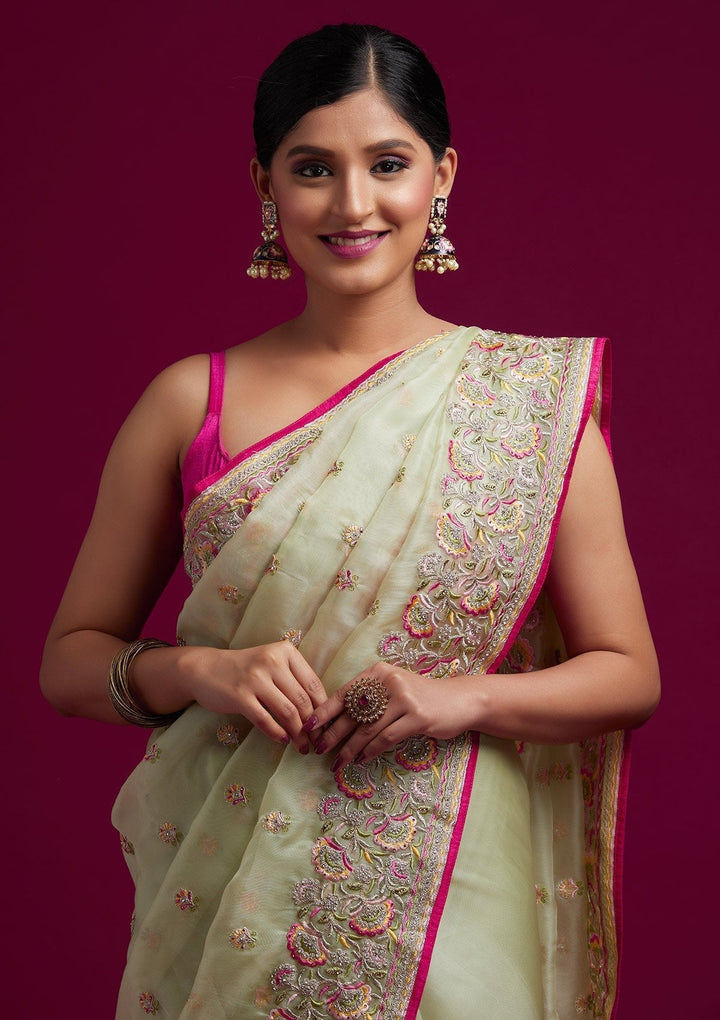 Pista Green Silver Stonework Tissue Designer Saree - koskii