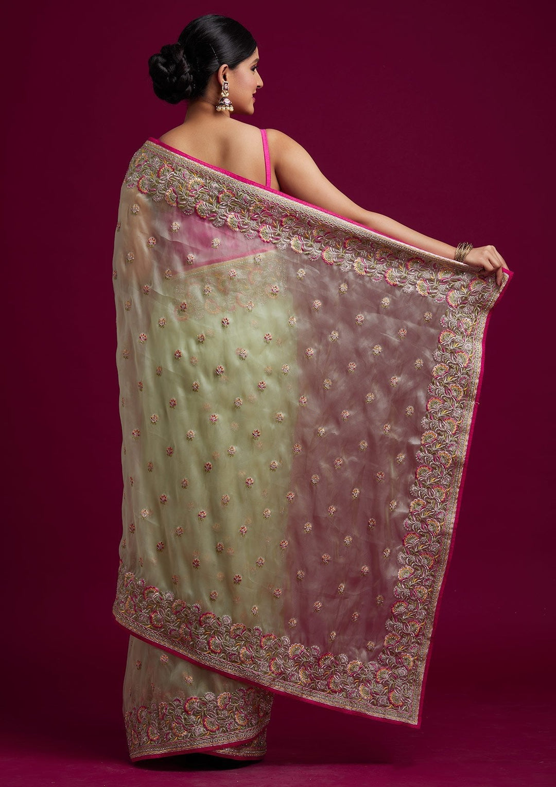 Pista Green Silver Stonework Tissue Designer Saree - koskii