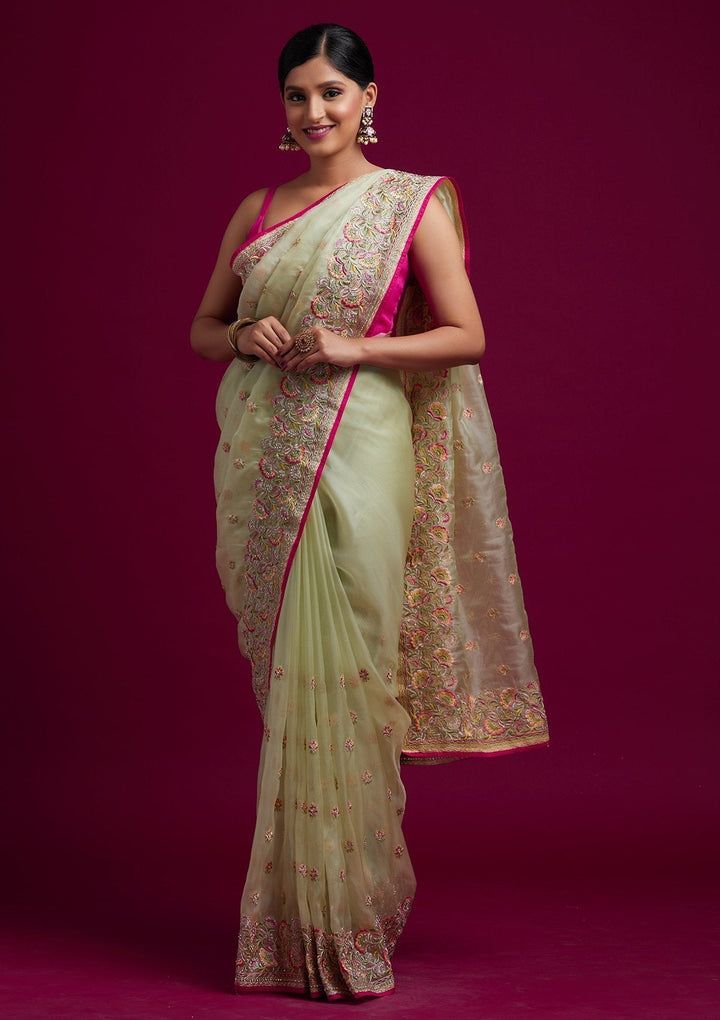 Pista Green Silver Stonework Tissue Designer Saree - koskii