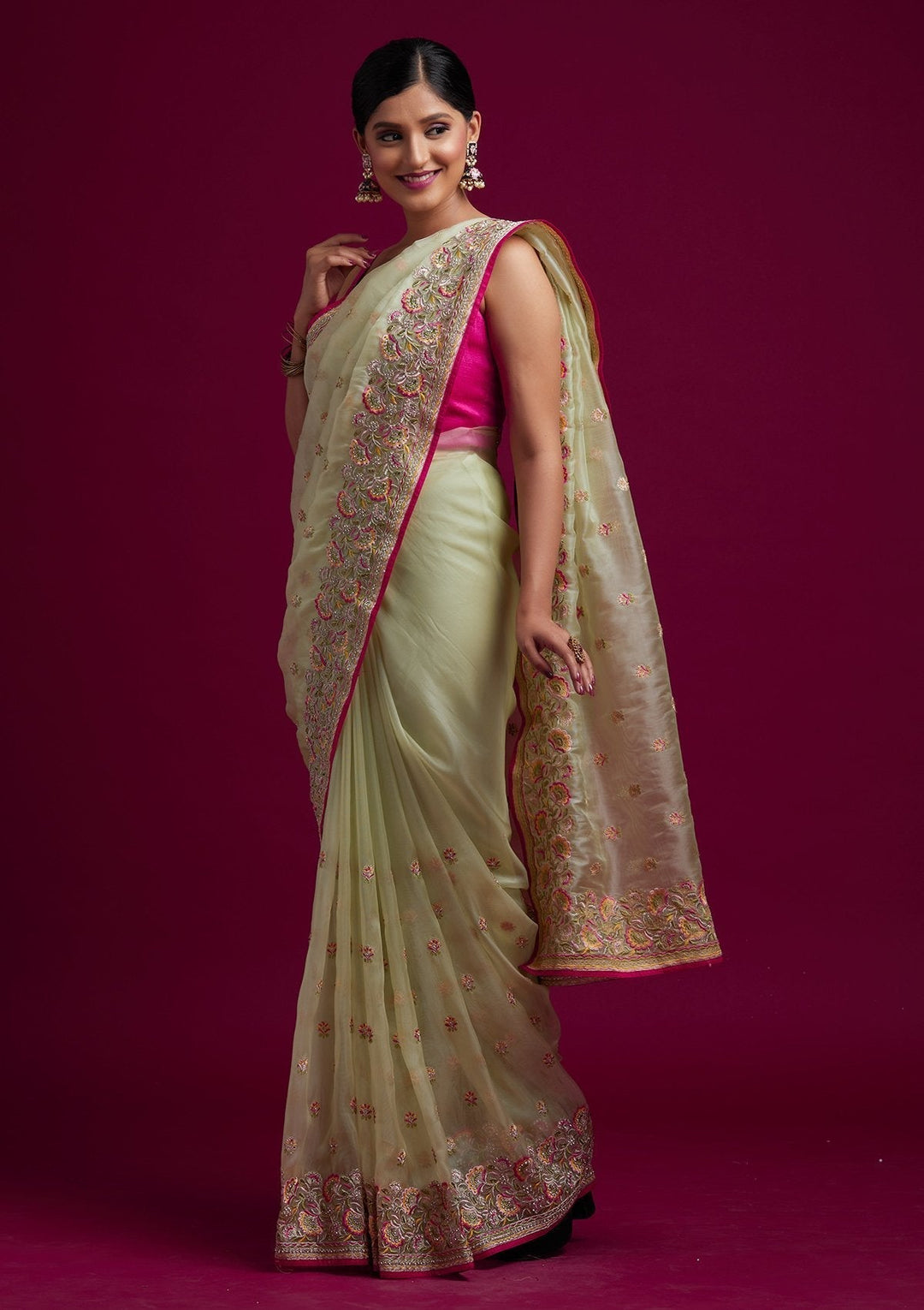Pista Green Silver Stonework Tissue Designer Saree - koskii