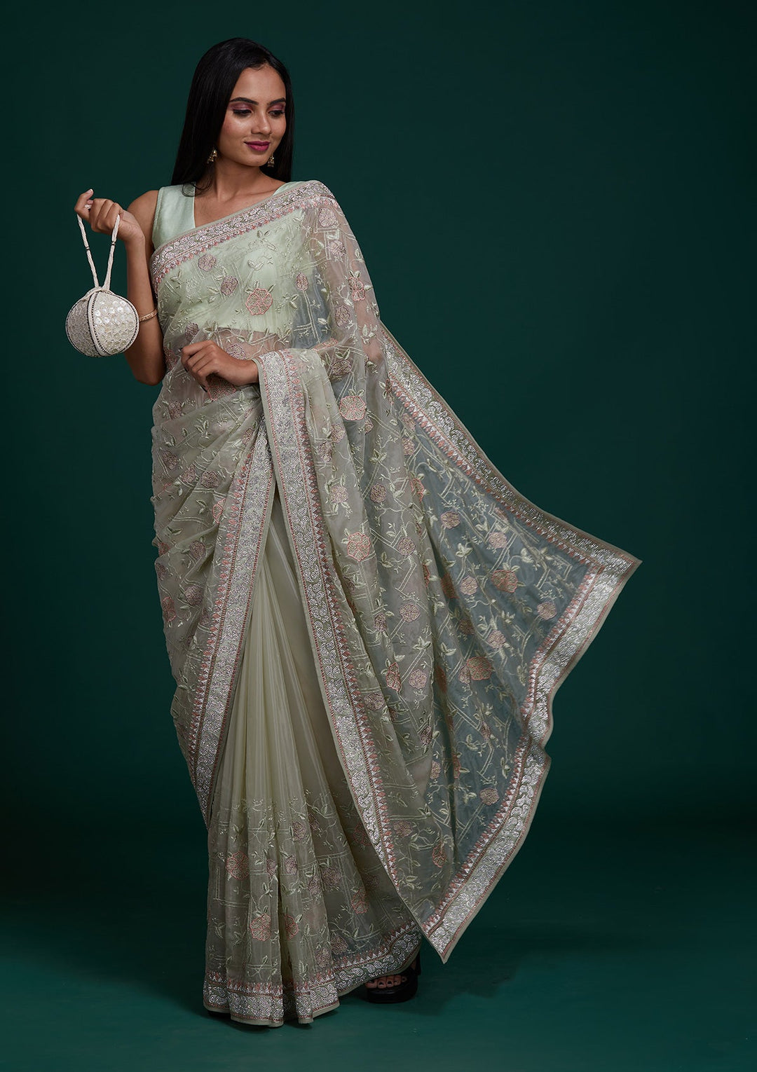 Pista Green Silver Stonework Tissue Saree - Koskii