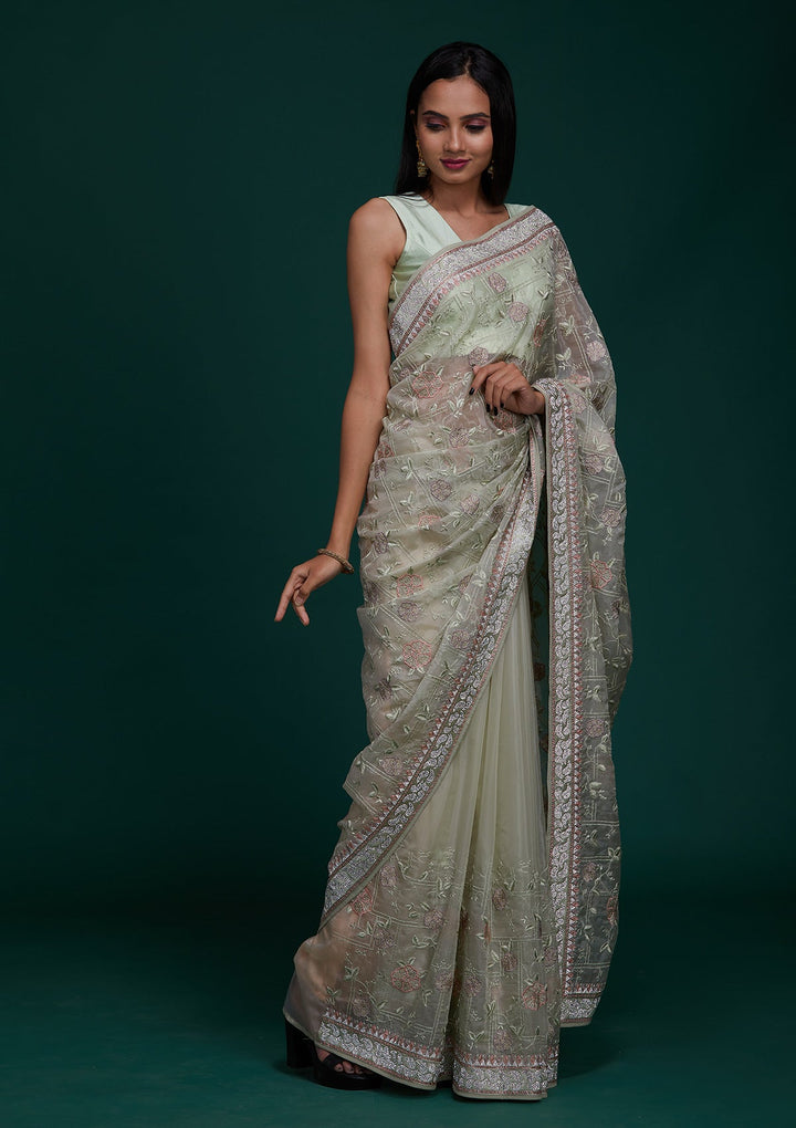 Pista Green Silver Stonework Tissue Saree - Koskii