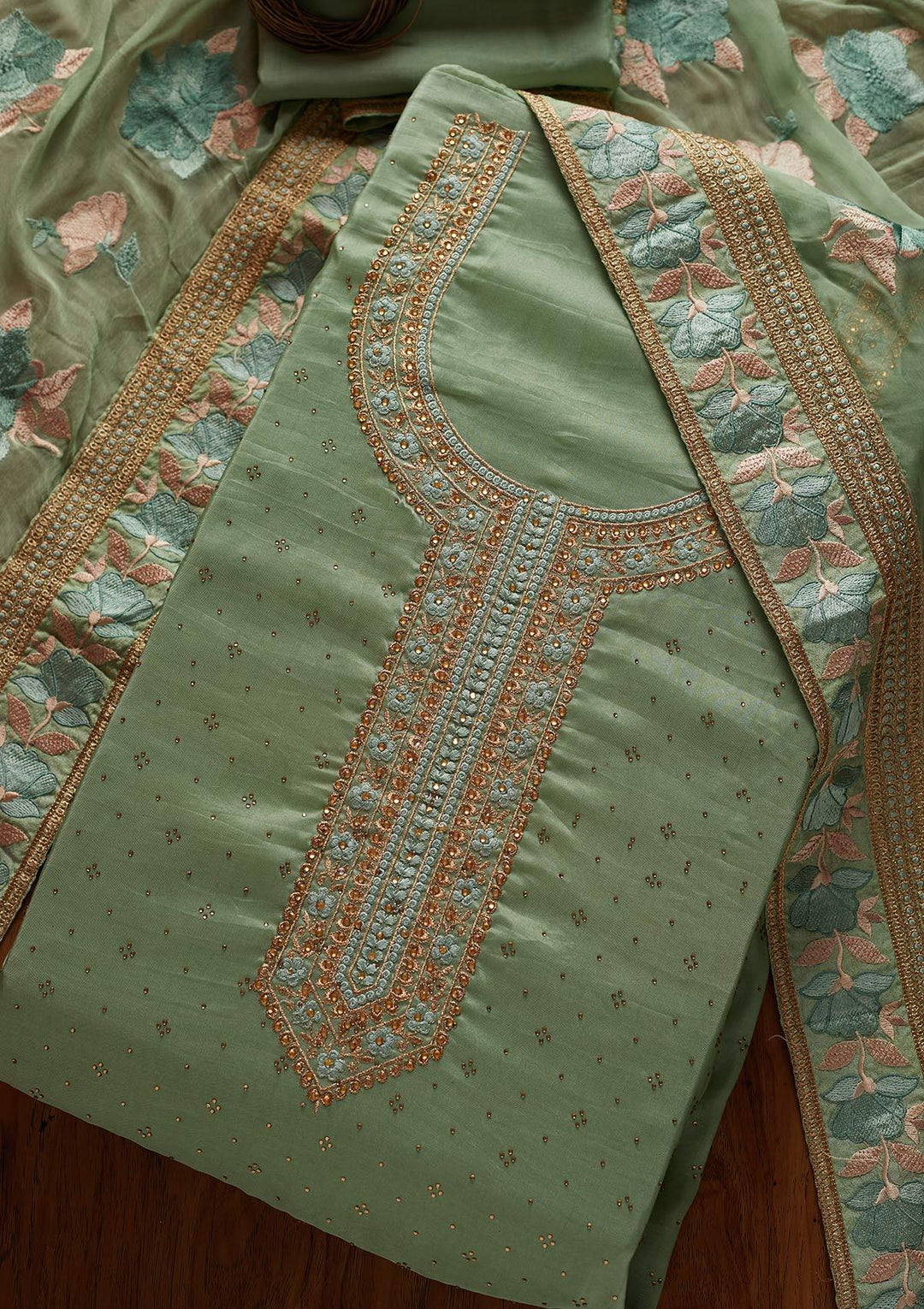 Pista Green Stonework Art Silk Designer Unstitched Salwar Suit - koskii
