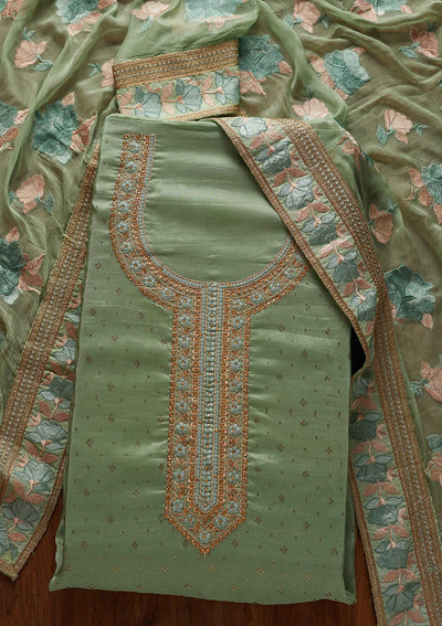 Pista Green Stonework Art Silk Designer Unstitched Salwar Suit - koskii