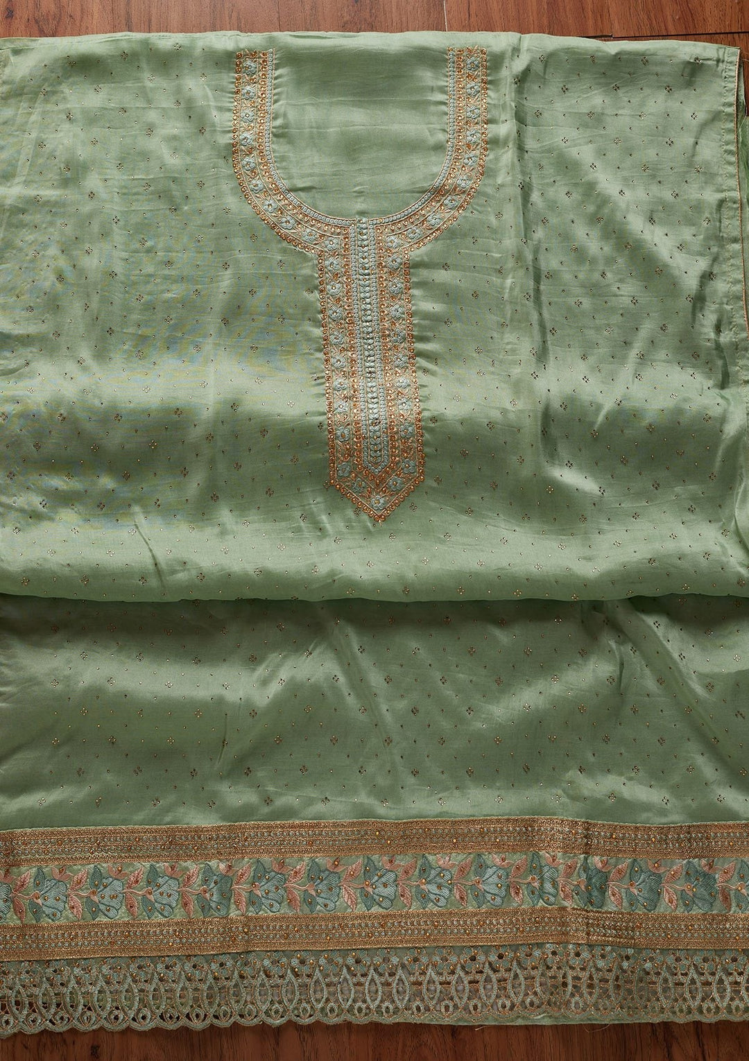Pista Green Stonework Art Silk Designer Unstitched Salwar Suit - koskii