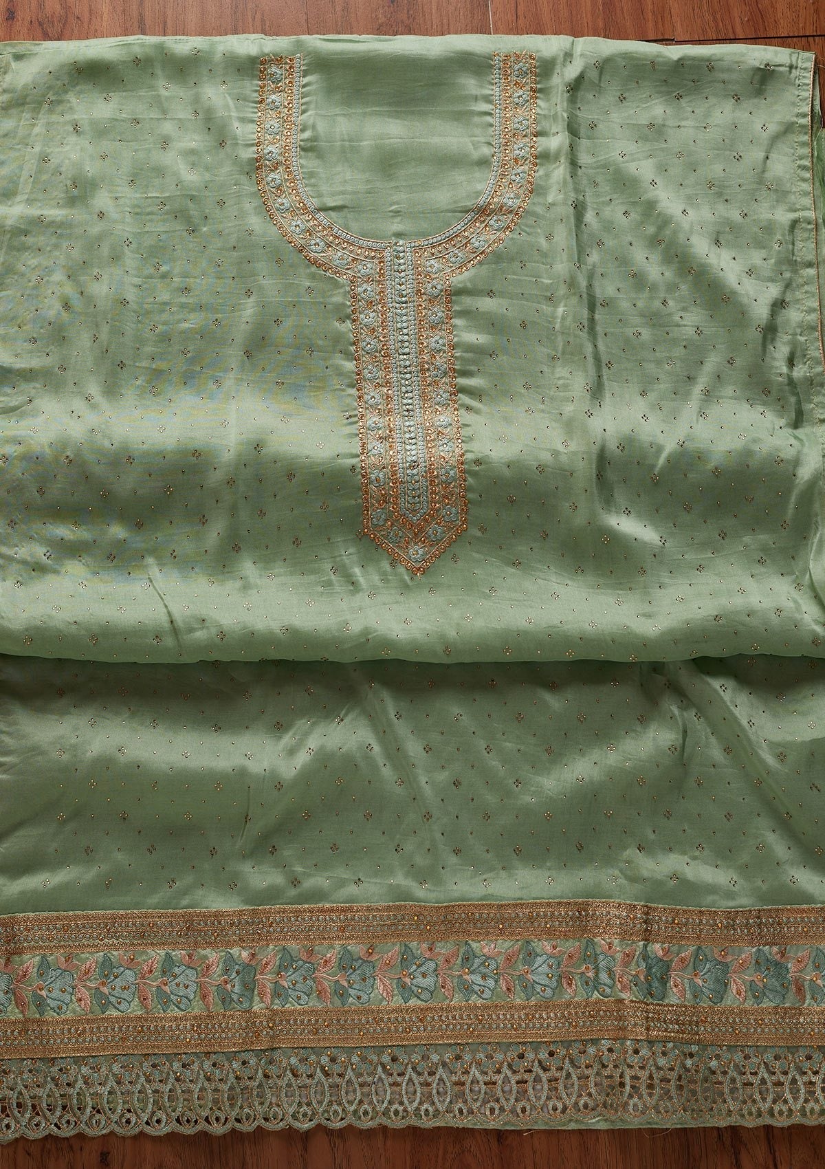 Pista Green Stonework Art Silk Designer Unstitched Salwar Suit - koskii