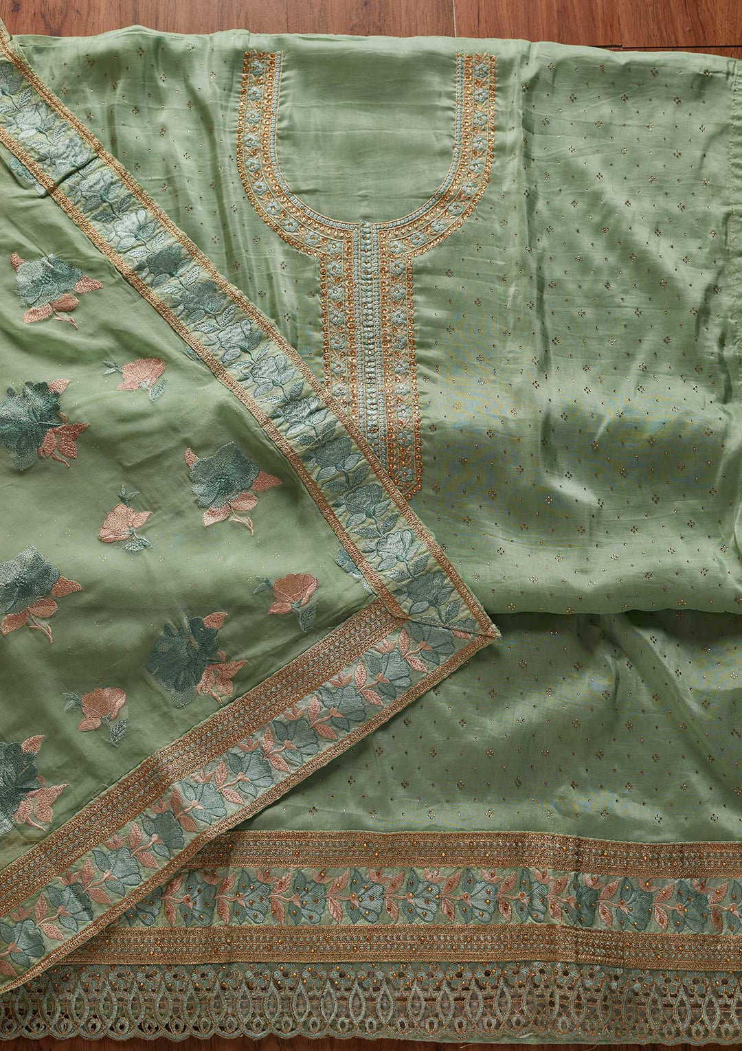 Pista Green Stonework Art Silk Designer Unstitched Salwar Suit - koskii