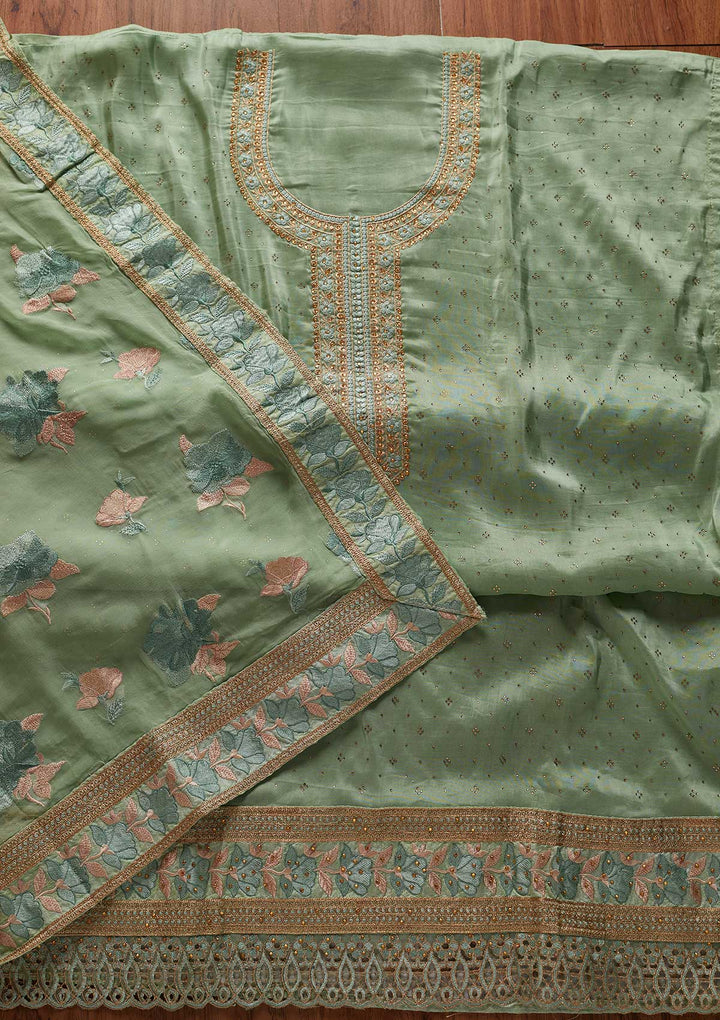 Pista Green Stonework Art Silk Designer Unstitched Salwar Suit - koskii