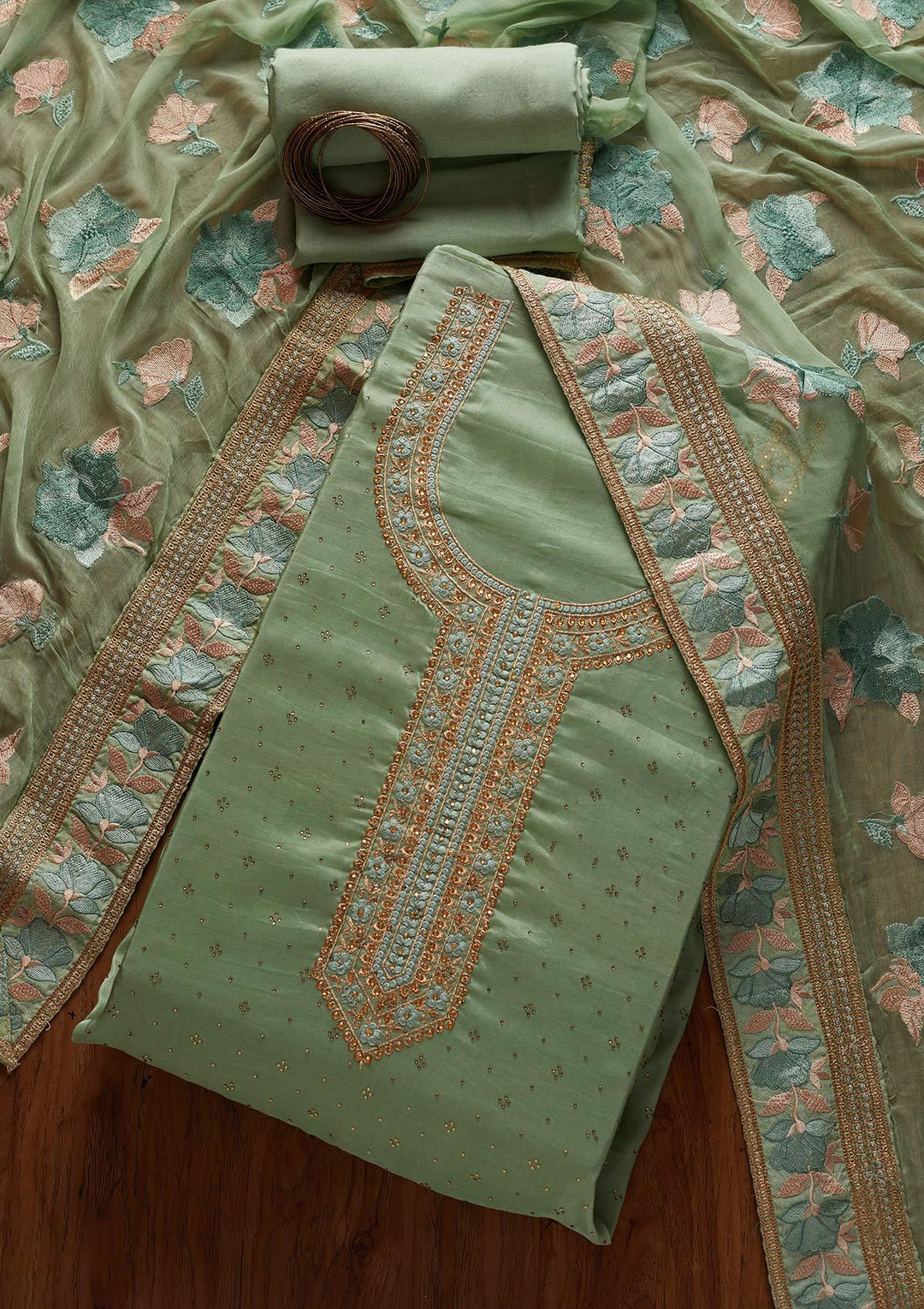 Pista Green Stonework Art Silk Designer Unstitched Salwar Suit - koskii