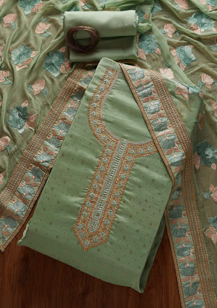 Pista Green Stonework Art Silk Designer Unstitched Salwar Suit - koskii