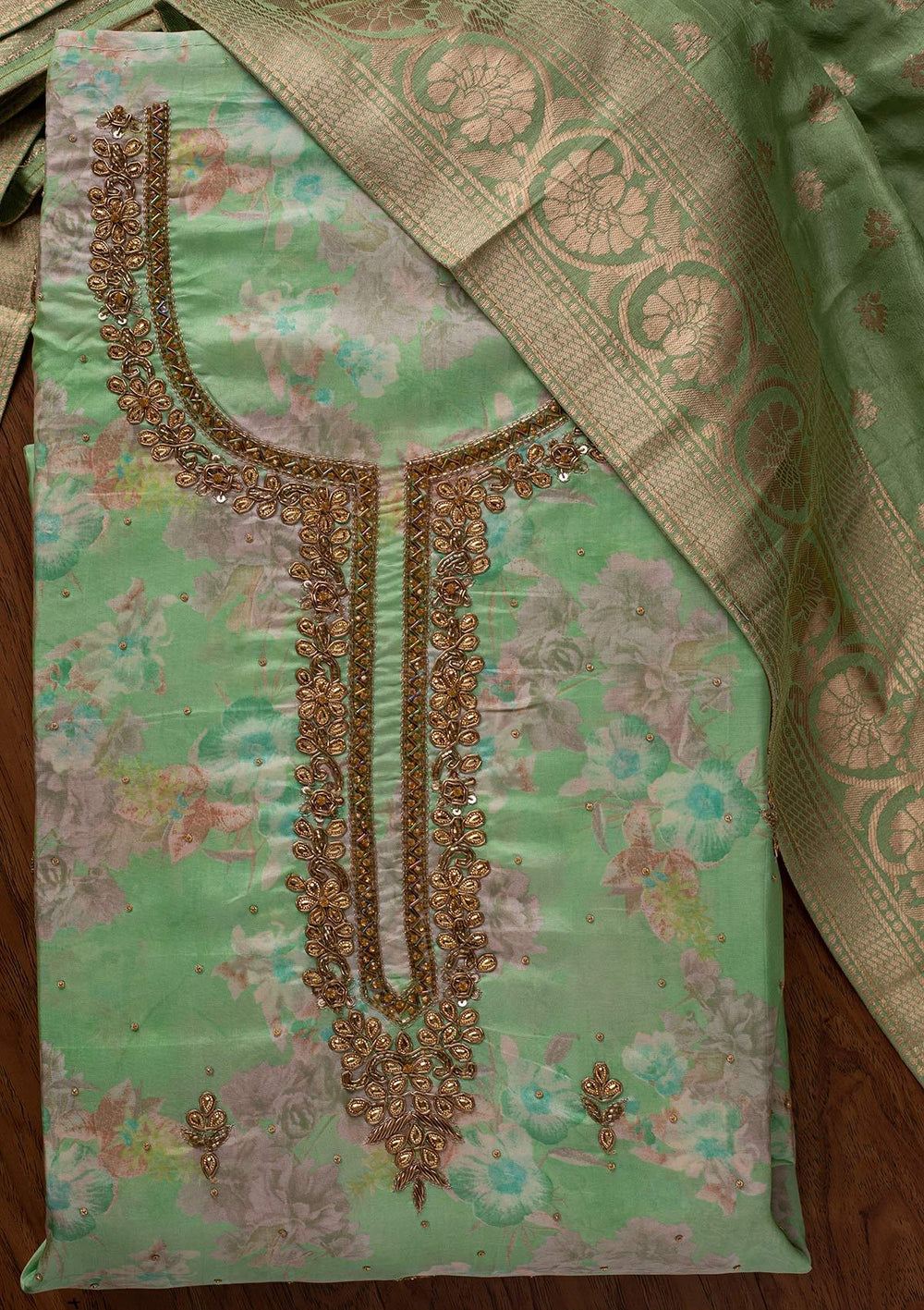 Pista Green Stonework Chanderi Designer Unstitched Salwar Suit - koskii