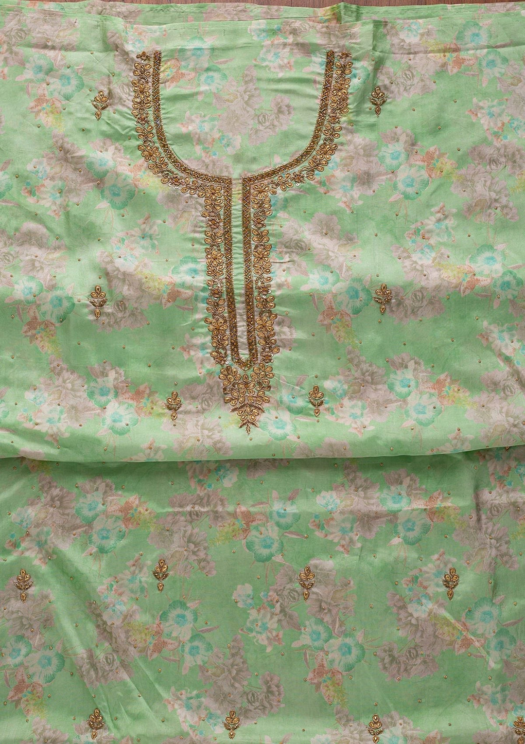Pista Green Stonework Chanderi Designer Unstitched Salwar Suit - koskii