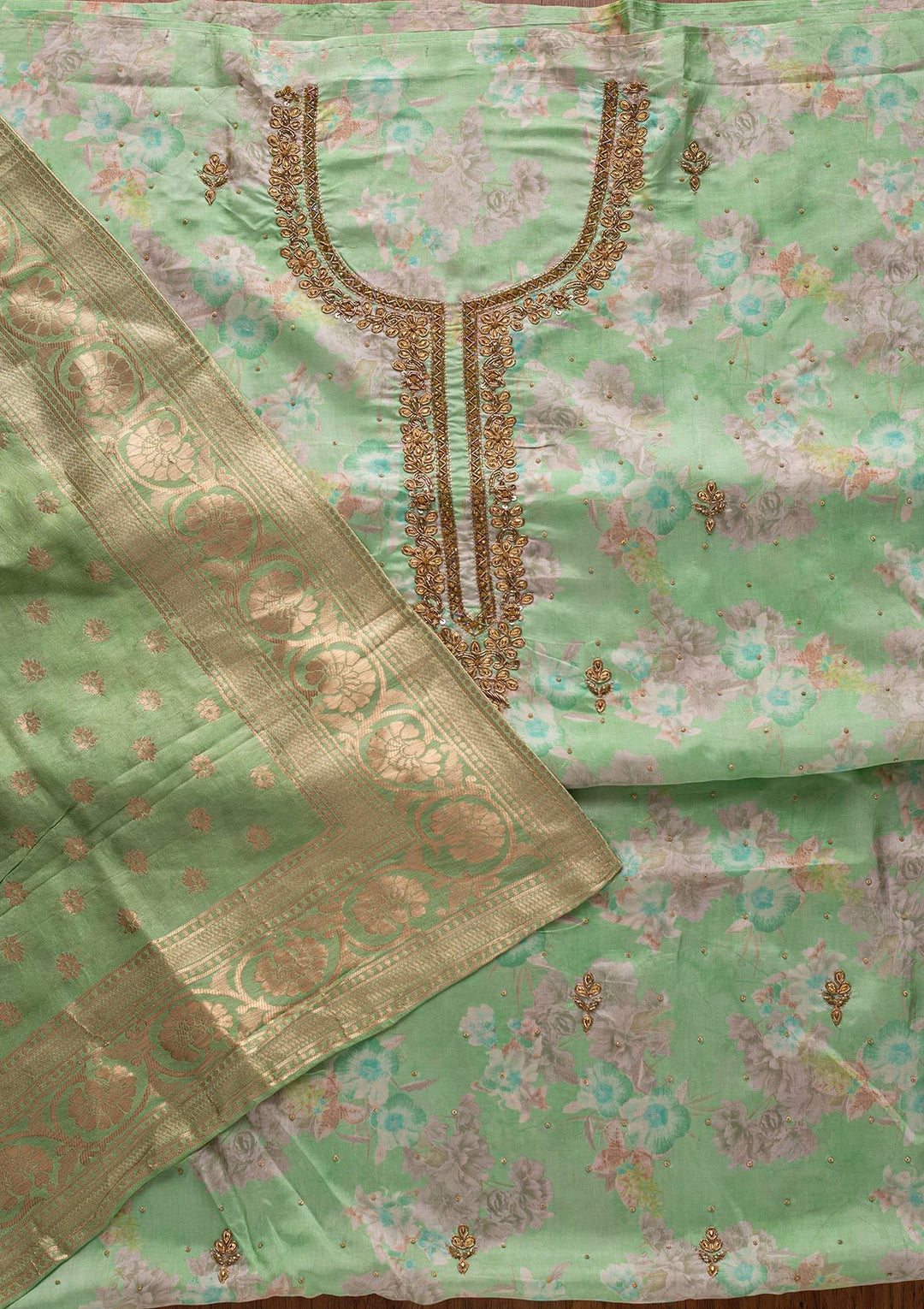 Pista Green Stonework Chanderi Designer Unstitched Salwar Suit - koskii