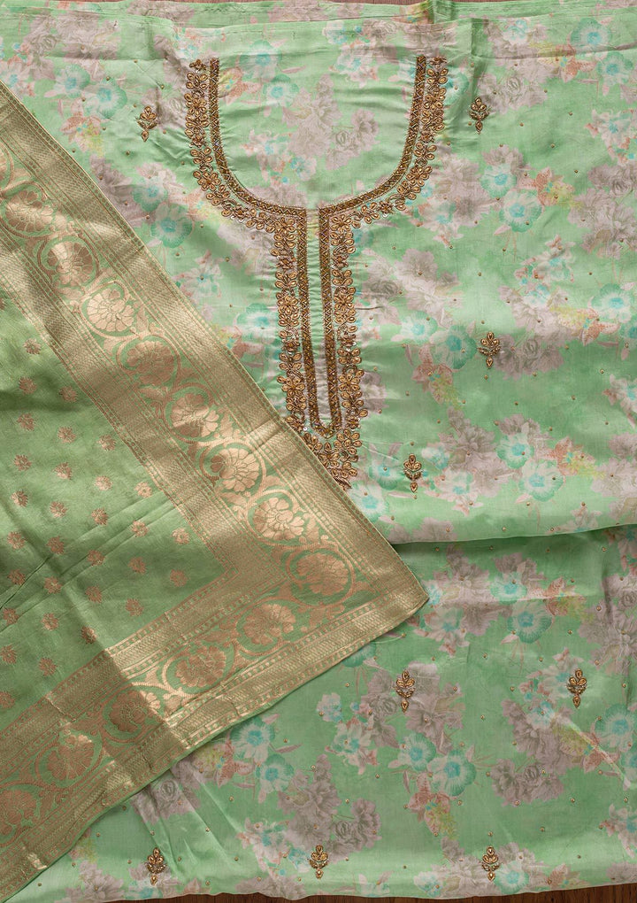 Pista Green Stonework Chanderi Designer Unstitched Salwar Suit - koskii