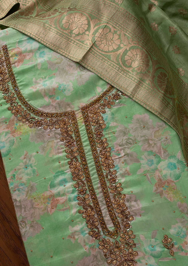 Pista Green Stonework Chanderi Designer Unstitched Salwar Suit - koskii