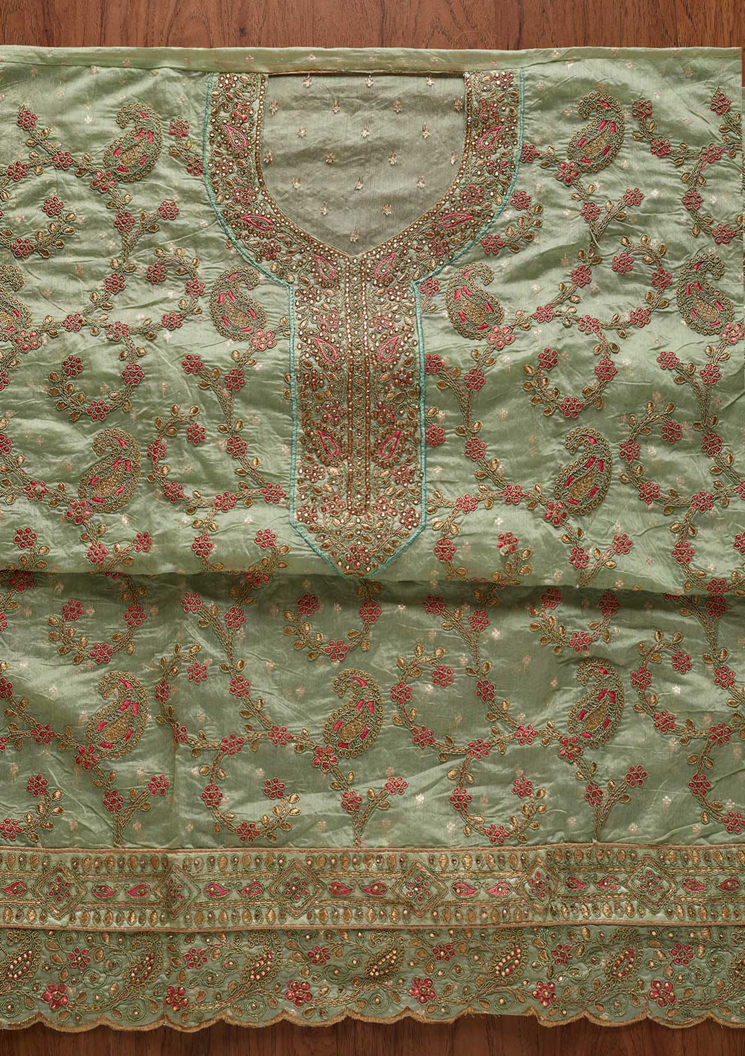 Pista Green Stonework Chanderi Designer Unstitched Salwar Suit - koskii