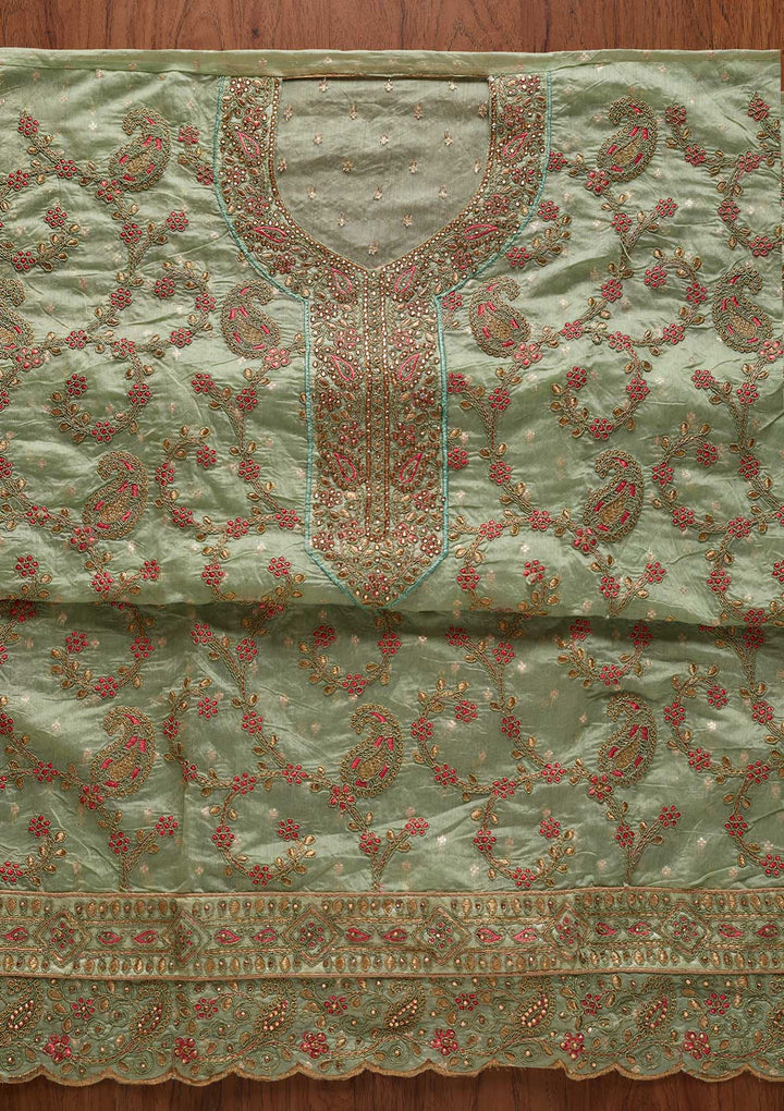 Pista Green Stonework Chanderi Designer Unstitched Salwar Suit - koskii
