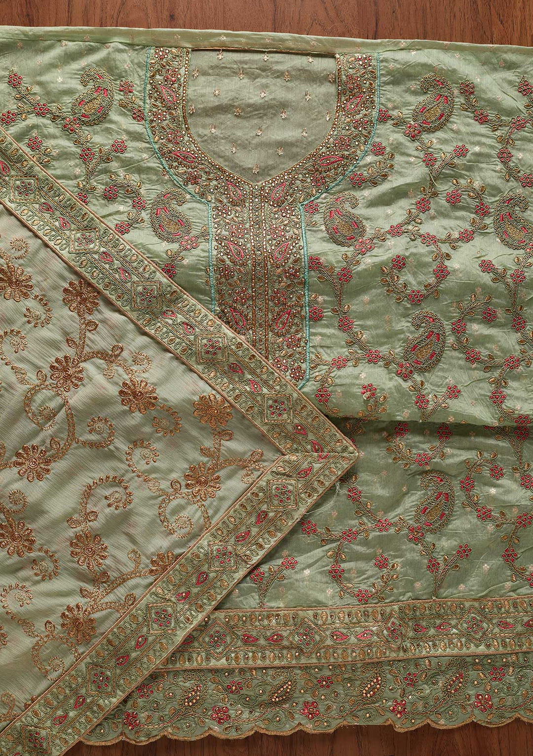 Pista Green Stonework Chanderi Designer Unstitched Salwar Suit - koskii