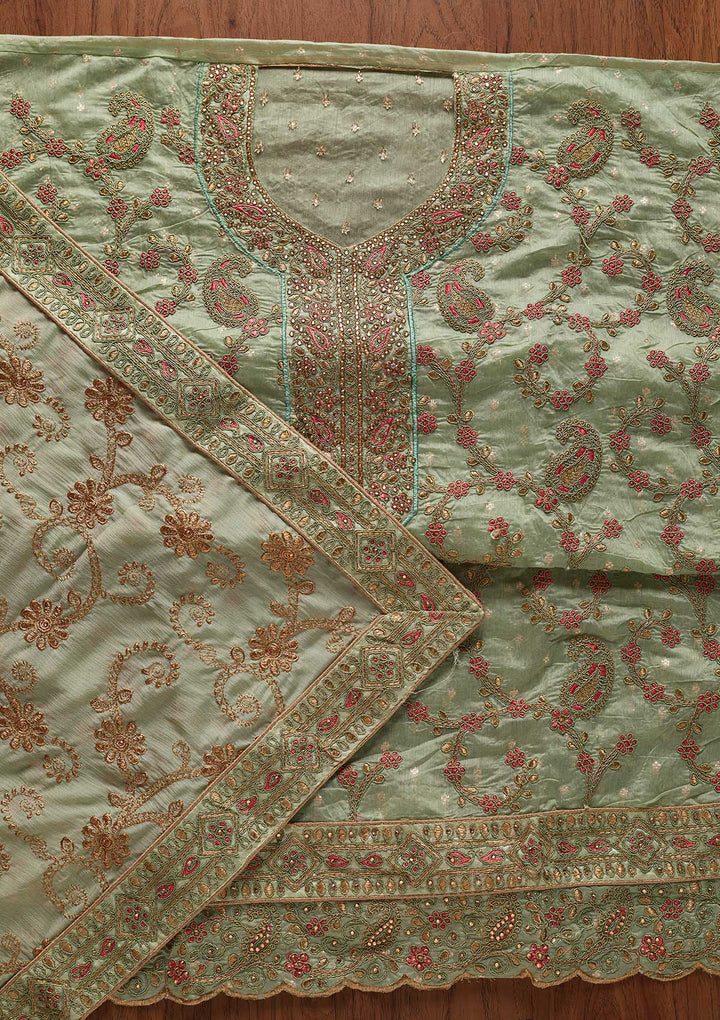 Pista Green Stonework Chanderi Designer Unstitched Salwar Suit - koskii