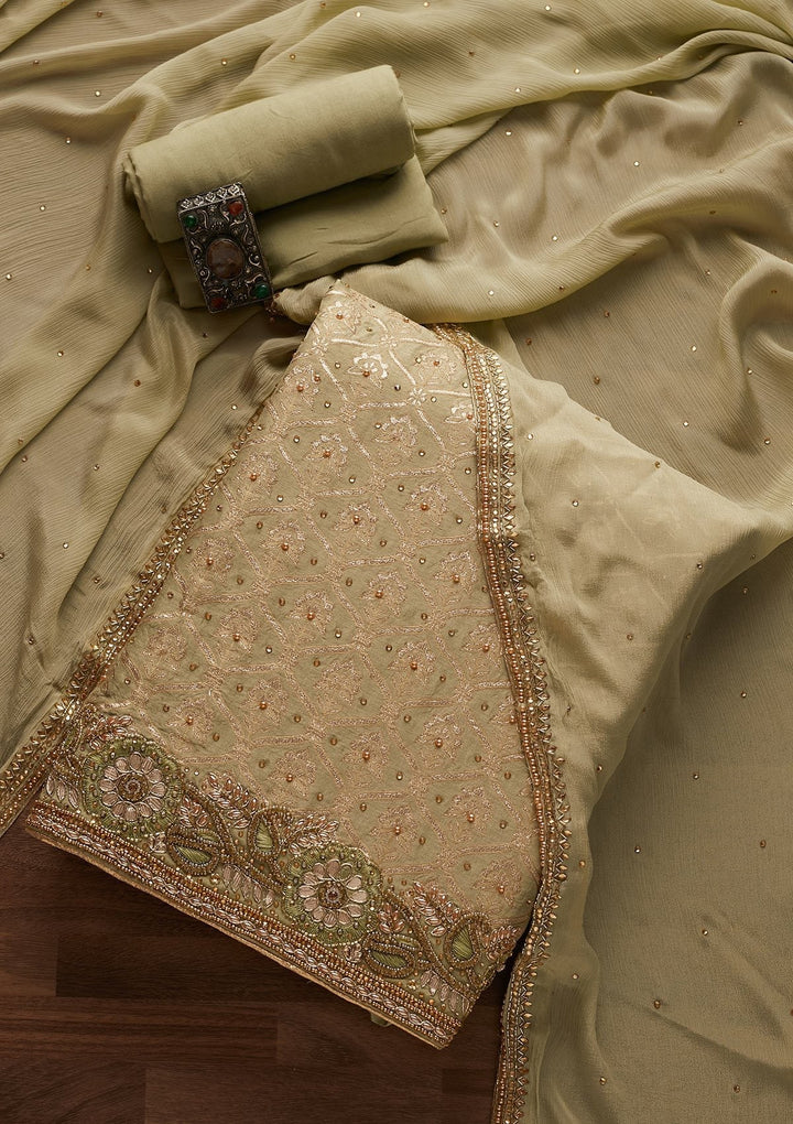 Pista Green Stonework Chanderi Designer Unstitched Salwar Suit - Koskii