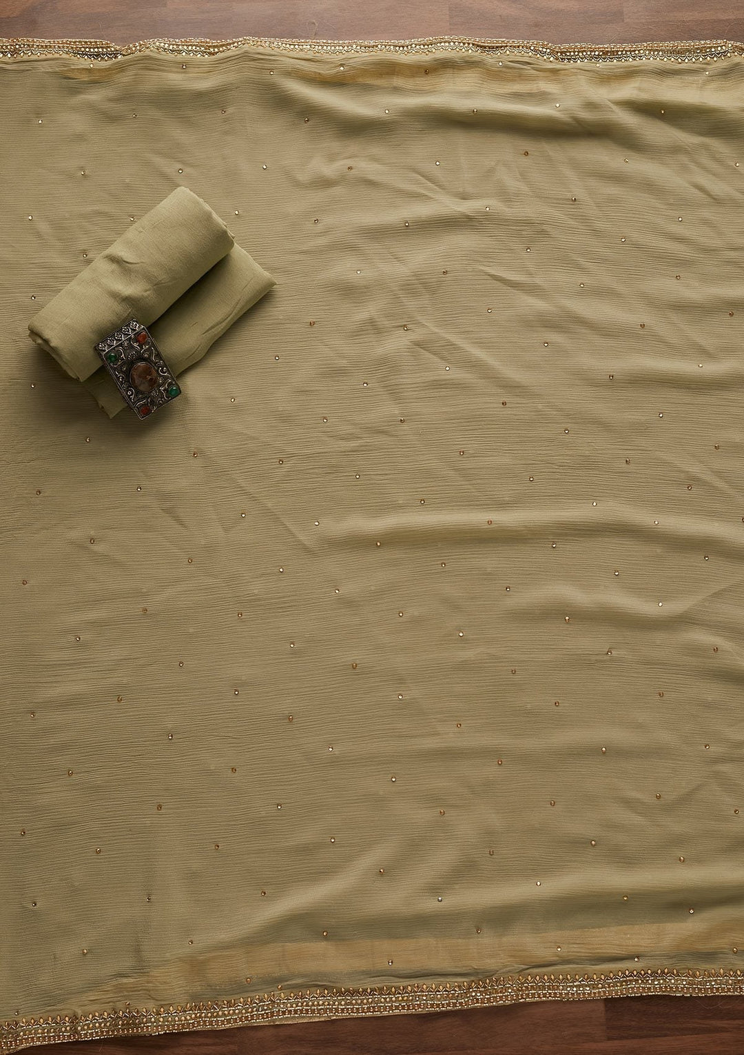 Pista Green Stonework Chanderi Designer Unstitched Salwar Suit - Koskii