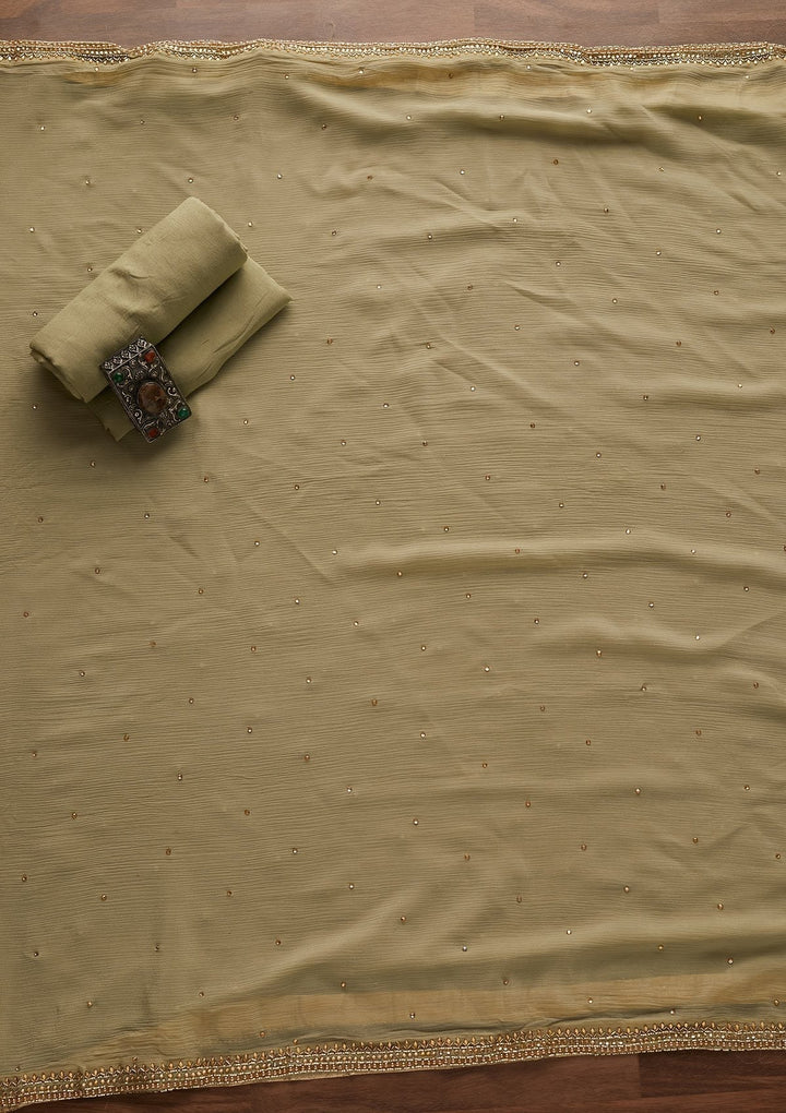 Pista Green Stonework Chanderi Designer Unstitched Salwar Suit - Koskii