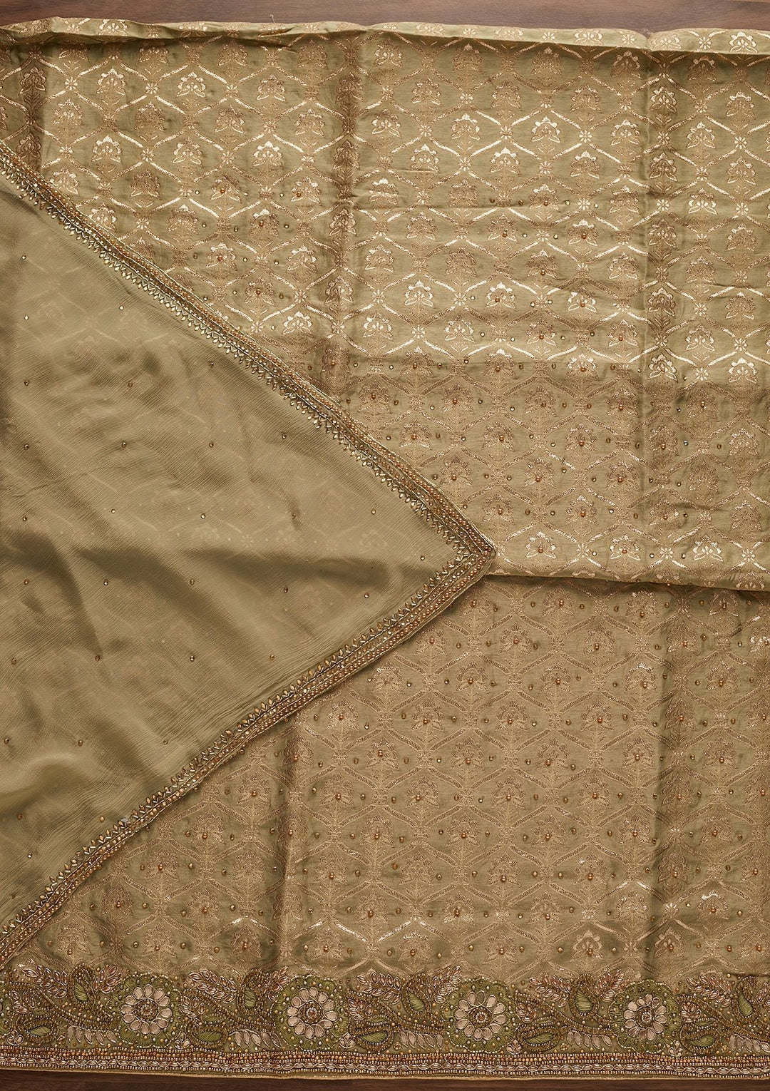 Pista Green Stonework Chanderi Designer Unstitched Salwar Suit - Koskii