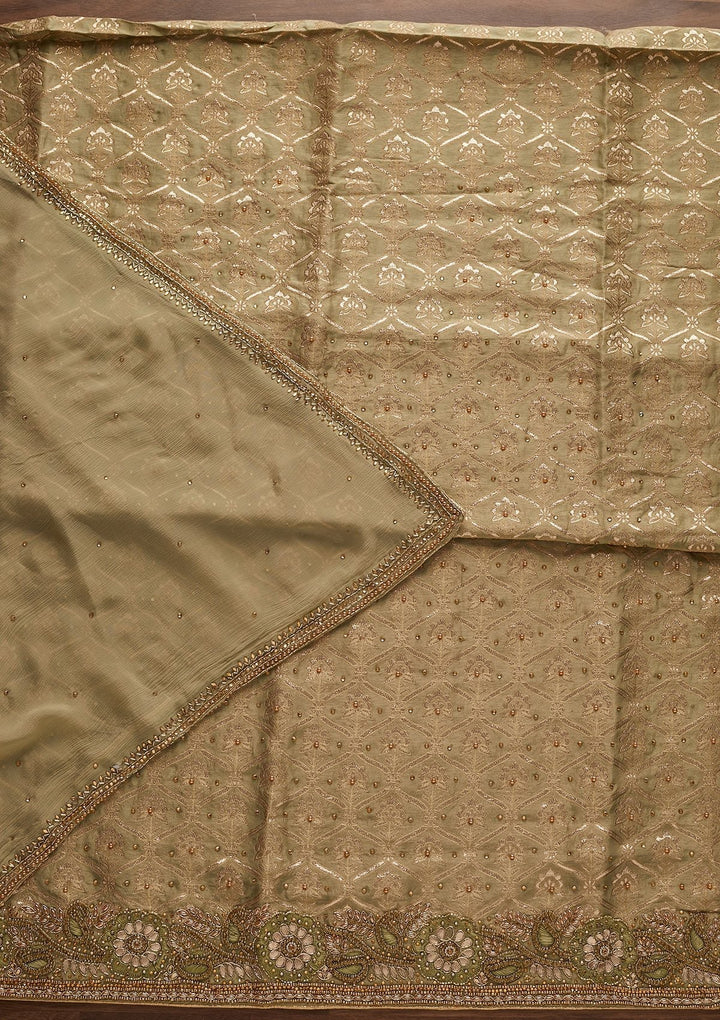 Pista Green Stonework Chanderi Designer Unstitched Salwar Suit - Koskii