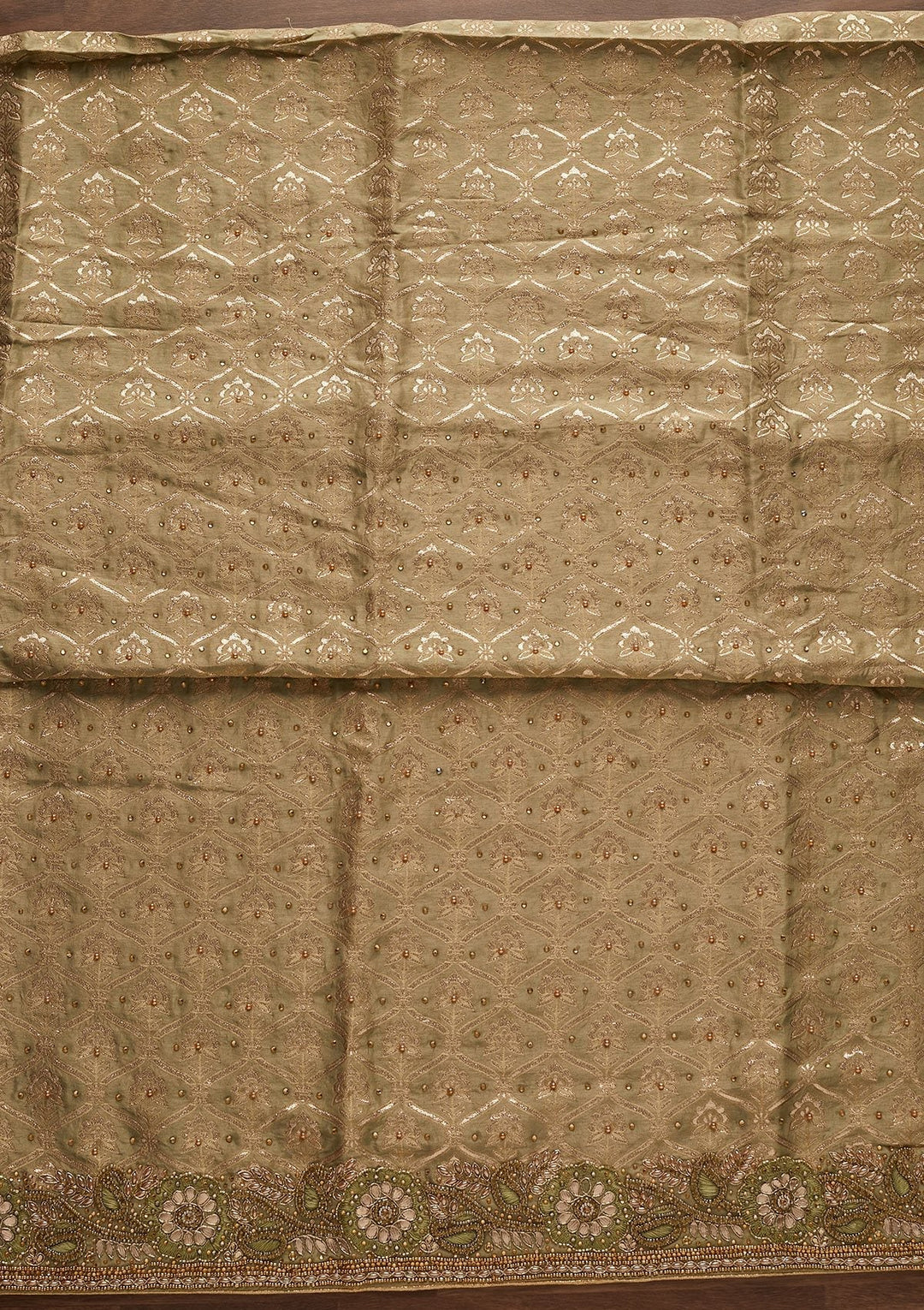 Pista Green Stonework Chanderi Designer Unstitched Salwar Suit - Koskii