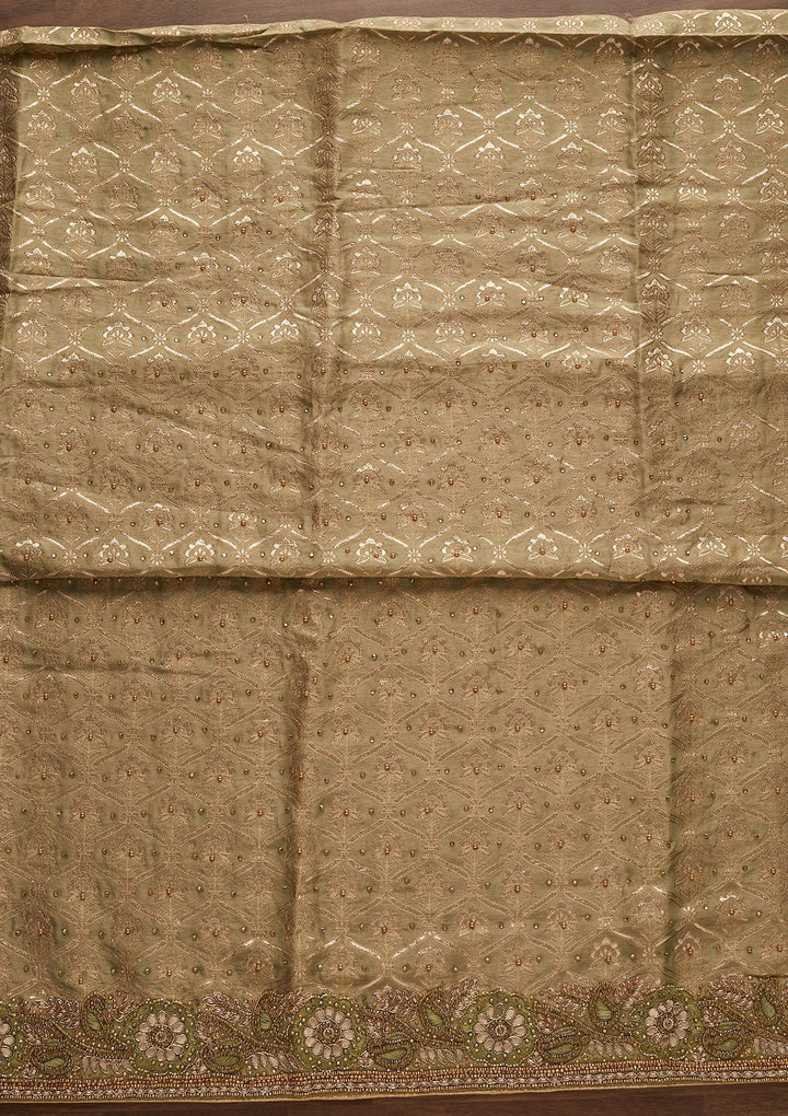 Pista Green Stonework Chanderi Designer Unstitched Salwar Suit - Koskii