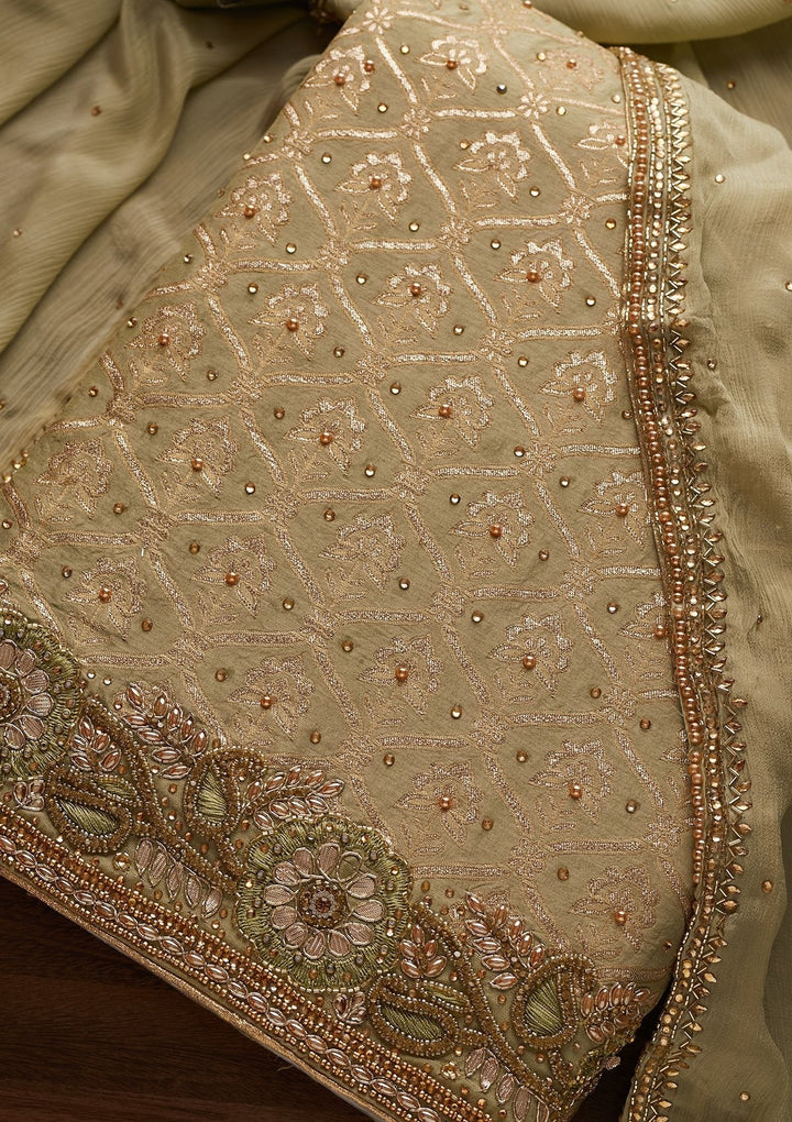 Pista Green Stonework Chanderi Designer Unstitched Salwar Suit - Koskii