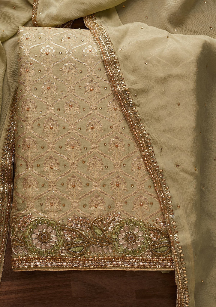 Pista Green Stonework Chanderi Designer Unstitched Salwar Suit - Koskii