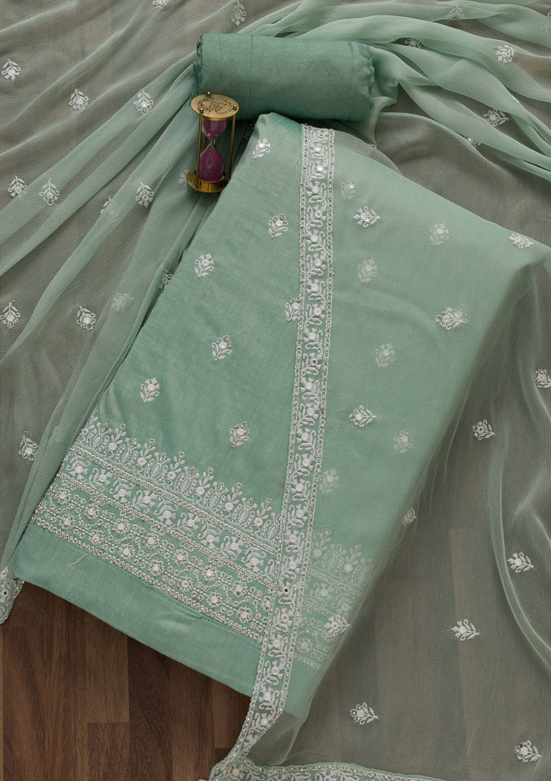 Pista Green Stonework Cotton Unstitched Salwar Suit-Koskii