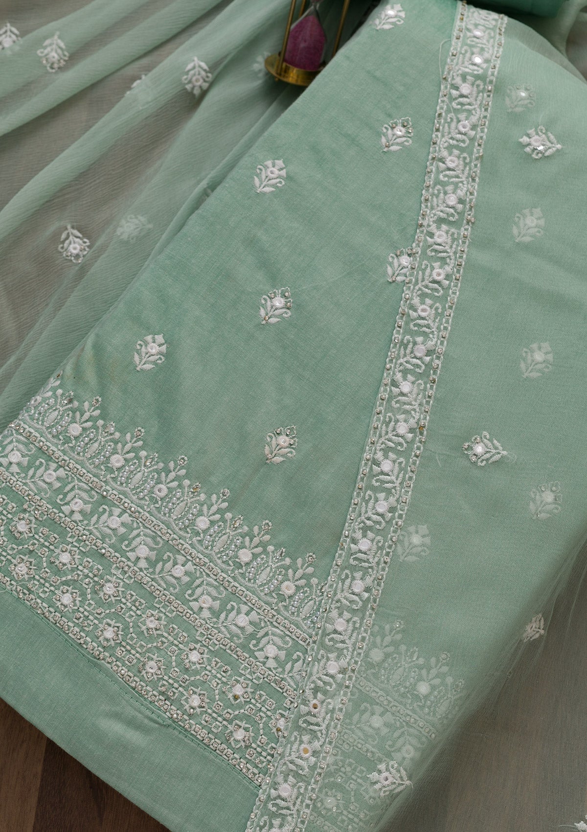Pista Green Stonework Cotton Unstitched Salwar Suit-Koskii