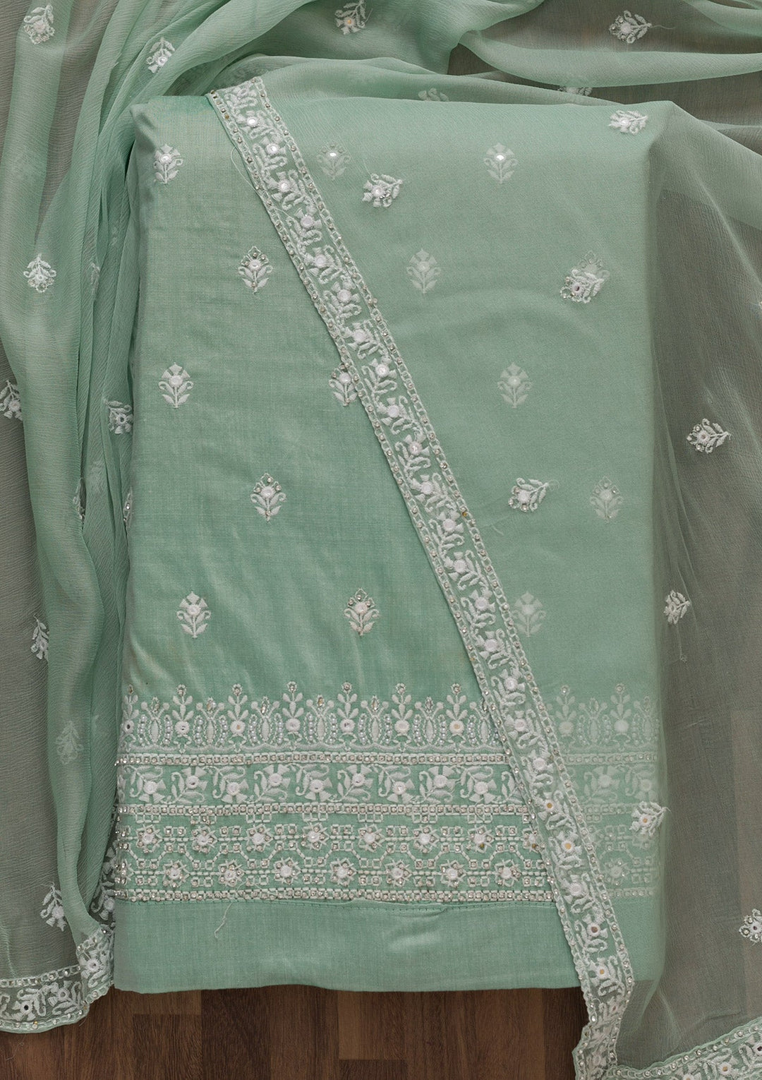 Pista Green Stonework Cotton Unstitched Salwar Suit-Koskii