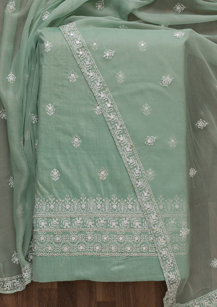 Pista Green Stonework Cotton Unstitched Salwar Suit-Koskii
