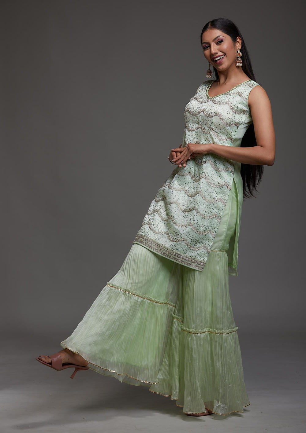 Pista Green Stonework Organza Designer Salwar Suit-Koskii